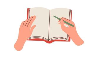 PHand writing note, plan in paper notebook, personal diary on desk. Taking records, to do list in planner, organizer. Flat illustration isolated on white background vector