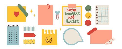 Various Paper notes on stickers. Information board with blank Paper sticky notes for reminders, to do list, planner, schedule. Hand drawn hand drawn illustration. Cartoon style isolated . vector