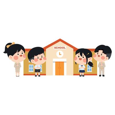 Cartoon Students and Teachers in Front of School