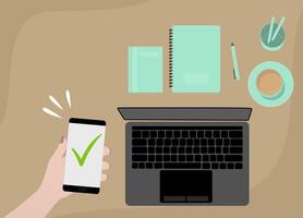 Human Hands Holding Smartphone and finishing the job. Character received Check Marks on smartphone. Giving Five Star Feedback and Review. User Experience Concept. Flat Cartoon Illustration. vector