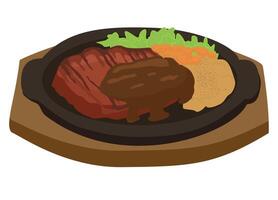 Illustration of steak on an iron plate, equipped with vegetables and mashed potato. vector