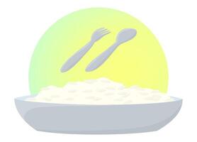 Clip art of white rice on plate is served with spoon and fork. vector
