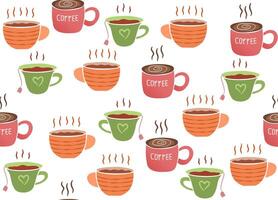 Seamless pattern with flying hot cups of coffee and tea. Cute colorful tea cups with steam, eatery background. vector