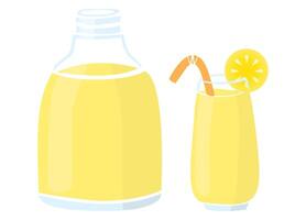 Refreshing juicy lemonade illustration. Glass with straw and bottle. Simple illustration for summer concept. vector
