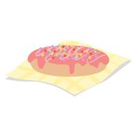 Delicious donut is on a yellow napkin with pink glaze and colorful sprinkles vector