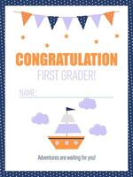 School bright diploma for a little first grader with a cute ship vector