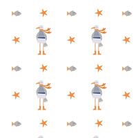 Cute marine pattern with a seagull and fish on a white background for children's clothing and textiles vector