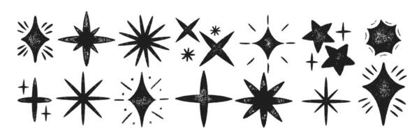 Set of stars and magic sparks with crayon, pastel or chalk texture. Doodle sparkles with organic texture for collage or kids design. Black illustration on a white background. vector