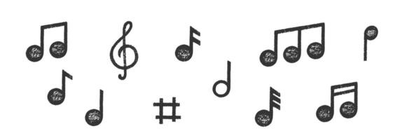Set of hand drawn music notes with crayon, pastel or chalk texture. Cute doodle elements for kids or decorations. Black illustration on a white background. vector