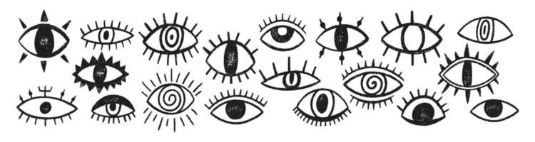 Set of doodle eyes in esoteric or tattoo design with crayon, pastel or chalk texture. Evil or mystic eyes. Black illustration isolated on a white background. vector
