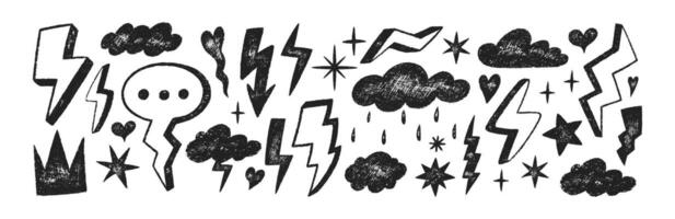 Set of doodle clouds, lightning bolts, stars and weather symbols with crayon, pastel, chalk or pencil texture. Decoration elements in sketch style. Black illustration on a white background. vector