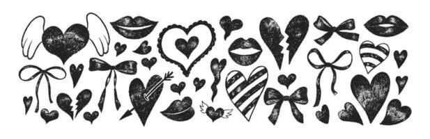 Collection of doodle hand drawn hearts, bows and lips with crayon, pastel, chalk or pencil texture. Grunge elements in sketch style. Black illustration on a white background. vector