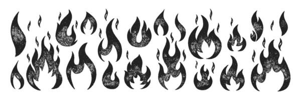 Collection of hand drawn fire flames with crayon, pastel, chalk or pencil texture. Grunge elements in sketch style. Black illustration isolated on a white background. vector