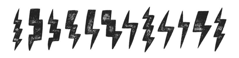 Set of lightning bolts with crayon, pastel or chalk texture. Hand drawn black doodle illustration isolated on a white background. vector