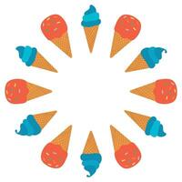 Colorful Ice Cream Cones Frame. illustration of colorful ice cream cones, both red with sprinkles and blue swirl. vector