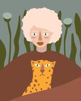 illustration of a stylized woman holding a spotted leopard in front of tall plants. The woman's expression is serene, complementing the natural theme and earthy tones. vector