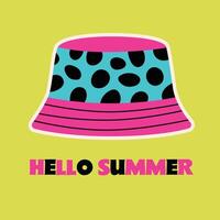 Colorful Summer Hat Illustration with Polka Dots. Bucket hat with bold pink and turquoise polka dots on a yellow background. Text Hello Summer highlights a fun, seasonal theme. vector