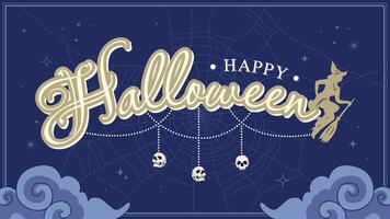 Happy Halloween greeting card with hand lettering and spider web on blue background vector
