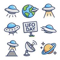 Cartoon doodle icons for UFO Day, featuring flying saucers, Earth, satellites, planets, and space elements in flat style. Perfect for alien, science, and space celebration content. vector