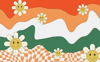 Groovy retro background with smiling flowers face. vector