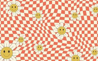 Groovy Wavy Psychedelic Checkerboard Background with Smiling Flowers . vector