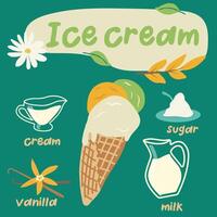 Homemade ice cream hand drawn recipe. Print for design of the menu of restaurants and shops. Set of products for ice cream. illustration in hand drawn style vector