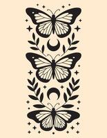 magic line silhouette set of mystic flying butterfly,moth,sun and moon phase isolated. vector