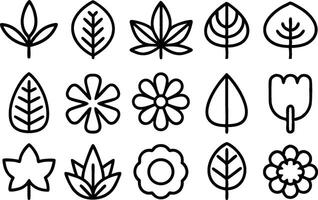 Botanical line art icon set featuring outline plant and leaf designs isolated on transparent background vector