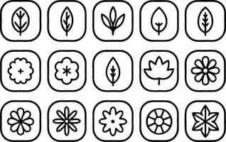 Botanical line art icons set featuring outline plant and leaf designs isolated on transparent background vector