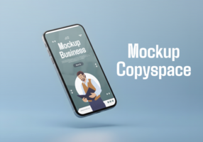 A smartphone mockup displays a business app featuring a man reviewing documents psd