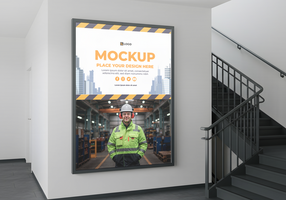 A large poster featuring a mockup design and an image of a worker in a factory hangs on a wall next to a staircase psd