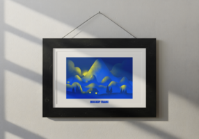 A black frame hangs on a wall displaying a mockup of a mother and child psd