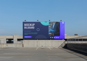 A mockup billboard displaying a businessman and data analytics sits atop a parking garage psd