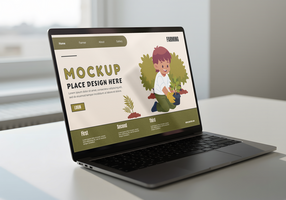 A laptop displays a website mockup featuring a cartoon child planting a sapling psd