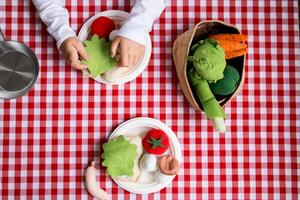 Child playing with toy vegetables on red checkered tablecloth photo