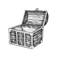 hand drawn textured wooden empty chest with lid open, box for treasure at bottom of sea, pirate loot, black and white sketch, adventure, history monochrome illustration vector