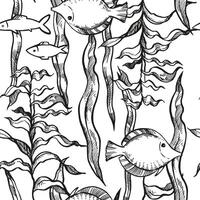 illustration of seabed, seamless pattern of depths, hand drawn underwater algae, plant at bottom of sea, ocean, tropical fishes, monochrome black and white sketch of reef, marine line art vector