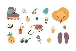Summer set. Isolated cartoon flat objects on white background. Hat, shell, ice cream, juice, glasses, roller skates, lemon, strawberry, sunscreen, pineapple, coconut, camera. Summer vibes. vector