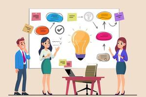 Business seminar concept. Cartoon illustration of close-up of group of different people standing near board with sticky notes and discussing idea. Isolated on background vector