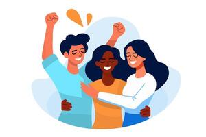 Winners business team. Frlat style cartoon illustration of three happy middle aged people hugging. vector