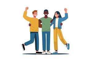 Winners business team. flat style cartoon illustration of three happy middle aged people hugging. Isolated on white. vector