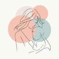 Mother and baby embrace in a minimalist line art illustration with soft color circles in background vector