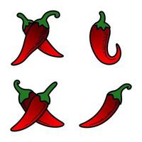 Vibrant red chili peppers illustrated in various positions showcasing their bright colors and distinctive shapes vector