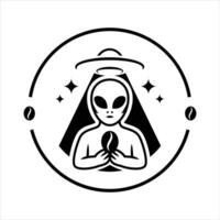 Alien Design Logo Holding Coffee With Flying Saucer Behind vector