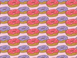 Seamless hand drawn donut pattern with pink and purple icing. Perfect for packaging, textiles, cafe branding, wrapping paper, and digital backgrounds. vector