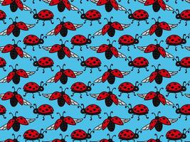 Seamless pattern with flying ladybugs on blue background. Abstract print of red insects with black dots. linear graphics vector