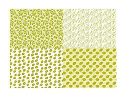 Four seamless olive branch and olive fruit patterns in green and white. Flat botanical style perfect for packaging, textiles, backgrounds, branding, invitations. vector
