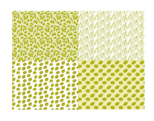 Four seamless olive branch and olive fruit patterns in green and white. Flat botanical style perfect for packaging, textiles, backgrounds, branding, invitations.