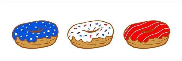Doodle illustration of three patriotic donuts with star, sprinkle and stripe icings in red, white and blue. Ideal for Independence Day designs. vector