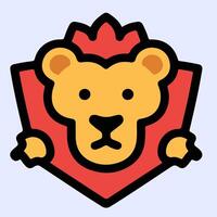Playful lion head on badge shape, lion head icon with crown, bold expression, great for game logo or fun character illustration. vector